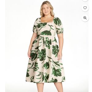 Square-Neck Mid-Length Dress with Green Floral Print